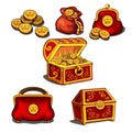 Set of wallets, bags and a chest full of gold coins isolated on white background. Vector cartoon close-up illustration.