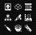 Set Wanted poster, Handcuffs, Prison window, Bullet, Bandit, Police electric shocker, Mafia and Bloody knife icon