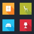 Set Wardrobe, Armchair, Big bed and Table lamp icon. Vector Royalty Free Stock Photo
