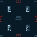 Set Wardrobe, Big bed and Library bookshelf on seamless pattern. Vector Royalty Free Stock Photo