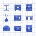 Set Wardrobe, Chest of drawers, Office desk, Armchair, Vase, and Round table icon. Vector Royalty Free Stock Photo