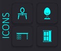 Set Wardrobe, Dressing table, Armchair and Office desk icon. Black square button. Vector Royalty Free Stock Photo