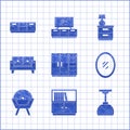 Set Wardrobe, Library bookshelf, Lamp hanging, Mirror, Armchair, Sofa, Furniture nightstand with lamp and icon. Vector