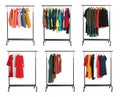 Set of wardrobe racks with different clothes on background