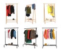 Set of wardrobe racks with different clothes on background