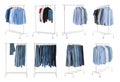 Set of wardrobe racks with different clothes on background Royalty Free Stock Photo