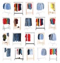 Set of wardrobe racks with different clothes on background
