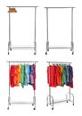 Set of wardrobe racks for dressing room on background