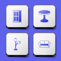 Set Wardrobe, Round table, Floor lamp and Sofa icon. White square button. Vector Royalty Free Stock Photo