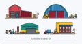 Set of warehouse buildings of different shape with freight transport. Isometric. Lineart. Colorful.