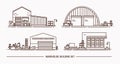 Set of warehouse buildings of different shape with freight transport. Isometric. Lineart. Contour illustration.