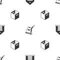 Set Warehouse, Hand truck and boxes and Carton cardboard on seamless pattern. Vector
