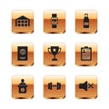 Set Warehouse, Information desk, Dumbbell, Trophy cup, Passport and Glass bottle milk and cap icon. Vector