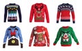 Set of warm Christmas sweaters on background