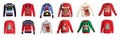 Set of warm Christmas sweaters on background. Banner design