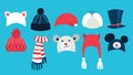 Set of warm cute winter hat for cold season.