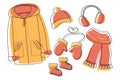 Set of Warm Winter or Autumn Clothes. Hat, Pair of Mittens, Coat and boots, Wool accessory.