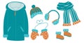 Set of Warm winter Clothes. Hat, Pair of Mittens, Coat and boots. Vector illustration