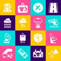 Set Warning aircraft, Airplane seat, Helicopter, Plane, Storm, Cloud with rain, Parachute and icon. Vector