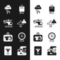 Set Warning aircraft, Helicopter, Storm, Suitcase, Clock, Plane crash and Passport icon. Vector