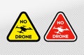 Set of warning sign no drones, yellow and red warning sign about no fly zone for quadcopters. Caution, no drone zone sign vector Royalty Free Stock Photo