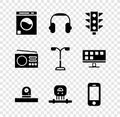 Set Washer, Headphones, Traffic light, Security camera, Smart sensor, Smartphone, Radio and Street icon. Vector Royalty Free Stock Photo