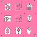 Set Washer, House plan, Garage, Market store, Location key, with dollar symbol and Search house icon. Vector