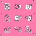 Set Washer setting, Time management, Photo camera, , Power bank and icon. Vector