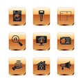 Set Washer, Skyscraper, House under protection, Location with house, Search, plan, Megaphone and key icon. Vector Royalty Free Stock Photo
