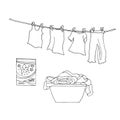 A set of washing with a basin, detergent powder and clothes on a line. Black and white linear illustration. Vector image