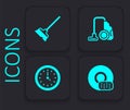 Set Washing dishes, Mop, Vacuum cleaner and Clock icon. Black square button. Vector