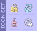 Set Washing dishes, Sponge, Bottle of liquid soap and Vacuum cleaner icon. Vector