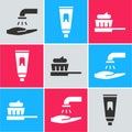 Set Washing hands with soap, Tube of toothpaste and Toothbrush with toothpaste icon. Vector