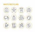 Set of waste recycling icons. Linear ecology signs.