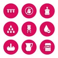 Set Water cooler, Jug glass with water, Well bucket, drop, Washbasin tap, Big bottle clean and filter icon. Vector Royalty Free Stock Photo