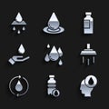 Set Water drop, Bottle of water, Shower, Recycle clean aqua, Washing hands with soap, and icon. Vector