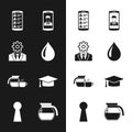 Set Water drop, Head with gear inside, Smartphone contacts, , Coffee pot cup and Graduation cap icon. Vector Royalty Free Stock Photo