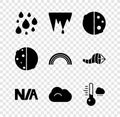 Set Water drop, Icicle, Eclipse of the sun, Not applicable, Cloud, Meteorology thermometer, and Rainbow icon. Vector