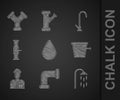 Set Water drop, Industry metallic pipe, Shower, Bucket, Plumber, and valve, tap and icon. Vector