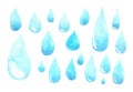 Set of water droplets, raindrops of various sizes. Watercolor hand painting illustrations for the rainy season