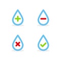 Set: Water drops with plus, minus, tick and cross symbols. Vector illustration, flat design Royalty Free Stock Photo