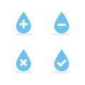 Set: Water drops with plus, minus, tick and cross symbols. Vector illustration, flat design Royalty Free Stock Photo