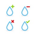 Set: Water drops with plus, minus, tick and cross symbols. Vector illustration, flat design Royalty Free Stock Photo