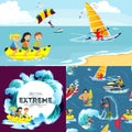 Set of water extreme sports backgrounds, isolated design elements for summer vacation activity fun concept, cartoon wave Royalty Free Stock Photo