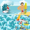 Set of water extreme sports backgrounds, isolated design elements for summer vacation activity fun concept, cartoon wave Royalty Free Stock Photo