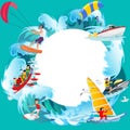 Set of water extreme sports backgrounds, isolated design elements for summer vacation activity fun concept, cartoon wave Royalty Free Stock Photo