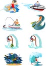 Set of water extreme sports icons, design elements for summer vacation activity fun concept, cartoon wave Royalty Free Stock Photo
