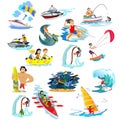 Set of water extreme sports icons, isolated design elements for summer vacation activity fun concept, cartoon wave Royalty Free Stock Photo