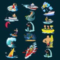 Set of water extreme sports icons, isolated design elements for summer vacation activity fun concept, cartoon wave Royalty Free Stock Photo