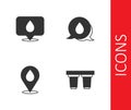 Set Water filter cartridge, drop with location, and speech bubbles icon. Vector Royalty Free Stock Photo